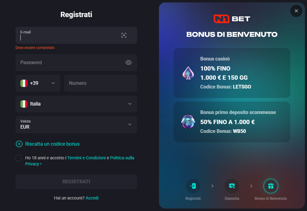 I codici bonus senza deposito vanno inseriti durante la registrazione per attivare correttamente l'offerta prevista.
